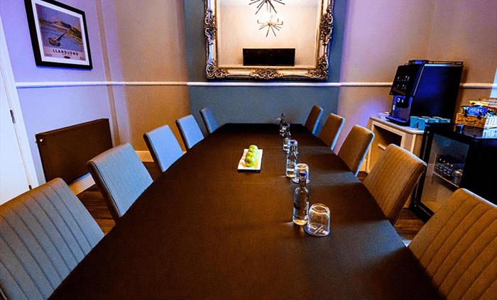 Boardroom arranged for a meeting at the Llandudno Bay Hotel.